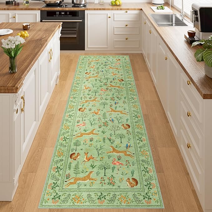 DUKINO 2x6 Rug for Hallway, Washable Kitchen Runner Rug with Non Slip Backing, Soft Low Pile Vintage Animal Runner for Bedroom, Kitchen, Hallway, Entryway, Laundry, Light Green