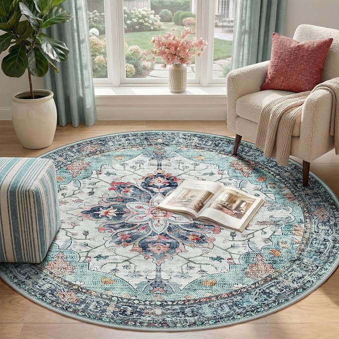 RELEANY Area Rugs Round 4ft Washable Non-Slip, Floral Vintage Distress Medallion Carpet for Living Room Bedroom Dining Room, Green Navy Blue White Red Teal