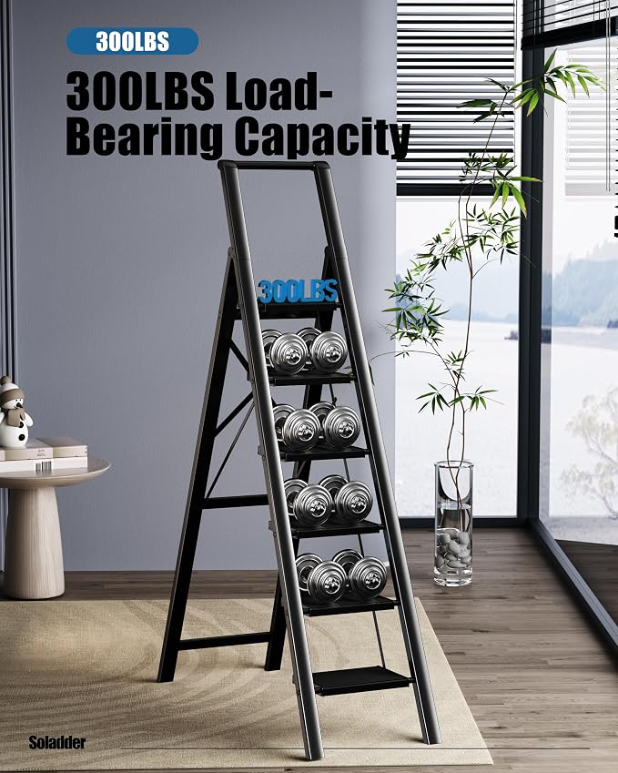 SOLADDER 6 Step Ladder for 12 Feet High Ceiling, Folding Step Stool with Handgrip & Anti-Slip Wide Pedal, Portable Lightweight Aluminum Stepladder for Kitchen, Home (300 lbs Capacity) - Black