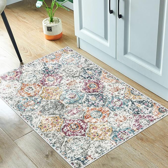 Lahome Moroccan Trellis Entryway Rug, 2x3 Kitchen Rugs Non Slip Washable, Non-Slip Indoor Door Mat Ultra-Thin, Small Throw Carpet for Bathroom Bedroom Entry Elise, Aqua/Multi
