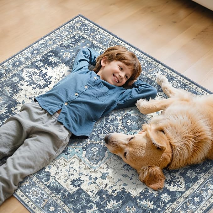 48"x72" Office Chair Mat for Hardwood Tile Floor, Under Desk Carpet Protector for Rolling Computer Chair Mat, Machine Washable Area Rug, Anti-Slip 1/5" Thick Low Pile Thin Vinyl Floor Mat, Navy