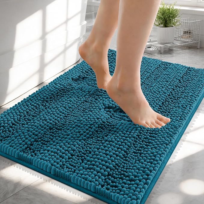OLANLY Thick Small Bathroom Rugs 24x16, Extra Absorbent Chenille Striped Bath Rugs, Rubber Backing, Machine Wash, Bath Mats for Bathroom Floor, Tub and Shower, Home Decor Accessories, Peacock Blue