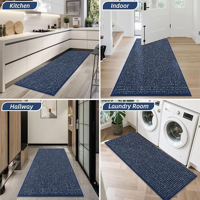 BEQHAUSE Dirt Trapper Door Mat 24" x 60", Non-Slip Washable Doormats Entrance Mat, Dirt Resistant and Absorbent Welcome Mat, Low Profile Floor Mats for Front Back Door and Entryway, Blue