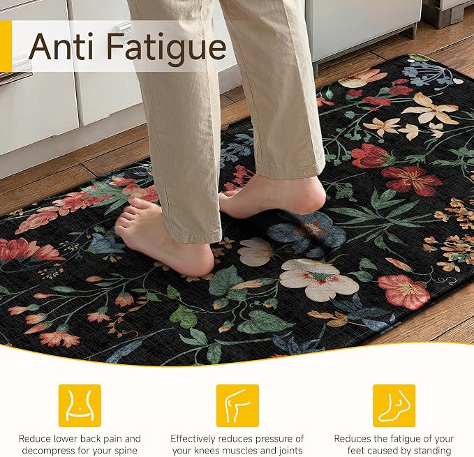 PureCozy Kitchen Mats 2PCS Anti Fatigue Cushioned Mat Non Slip Floral Boho Kitchen Mats for Floor Waterproof Comfort Standing Black Rug for Sink Laundry Office Desk 17.3"x59"+17.3"x30"