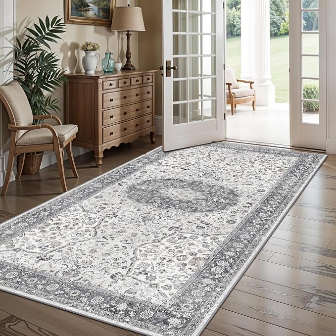 Hallway 4x8 Washable Runner Rug: Oriental Stain Resistant Entryway Kitchen Rug Farmhouse Soft Carpet for Bathroom Bedroom Thin Laundry Room Floor Mat with Non Slip Backing for Pets Family(4x8,Grey)