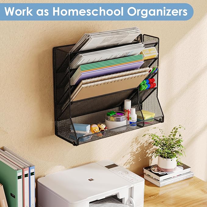 Jakyitvi File Organizer Wall Mounted, 4 Tiers Durable Adjustable Metal Desk Organizer, Desktop Hanging File Holder with 4 Pen Slots Stable, 4 Pull-Out Divider for File, Mail, Black, Patent Pending