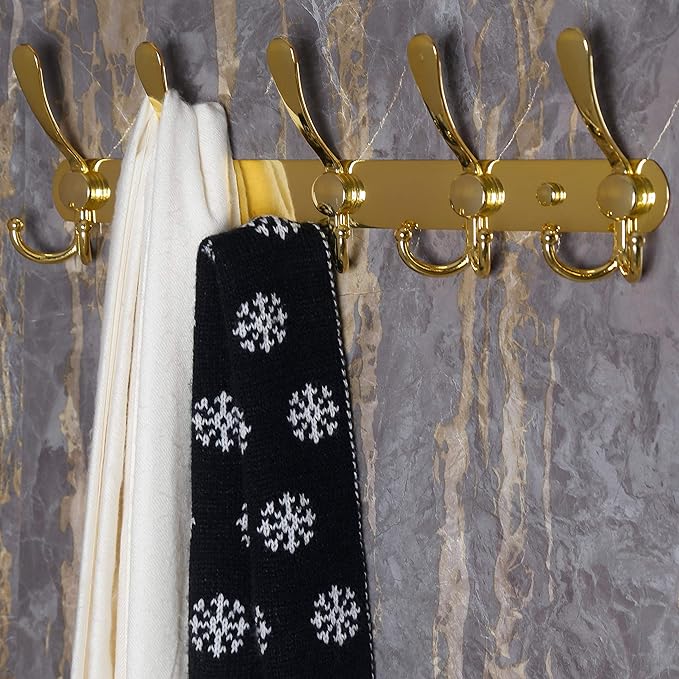 Dseap Coat Rack Wall Mounted - 5 Tri Hooks, Heavy Duty, Stainless Steel, Metal Coat Hook Rail for Coat Hat Towel Purse Robes Mudroom Bathroom Entryway,Gold