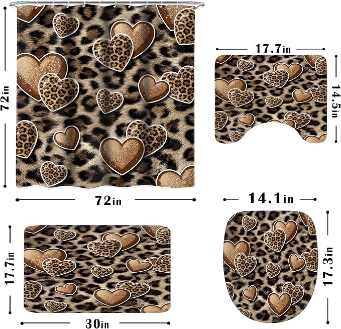 4 PCS Leopard Print Heart Shower Curtain Set 72Wx72H,Toilet Lid Cover,Non-Slip Rugs and U-Shaped Mat,Wildlife Cheetah Bathroom Sets with Rugs Shower Accessories 12 Hooks for Bathroom Decor