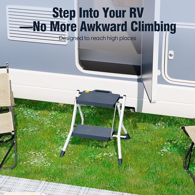 URACKIFY 2 Step Stool Foldable, Step Ladder with Non-Slip Rubber mat, Step Stool with Release Button, Lightweight Steel, Blue, for up to 330LBS.