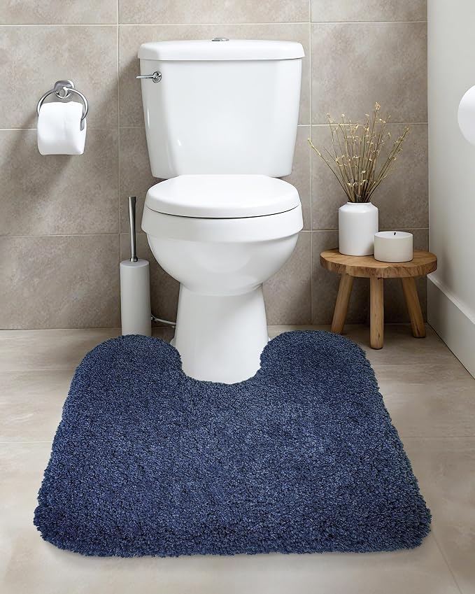 ILANGO Navy Blue Toilet Rugs U Shaped 22" × 24" Non Slip & Super Absorbent Extra Thick Soft, Washable Bath Mats for Bathroom Floor, Microfiber Plush Shaggy Contour Bath Rugs for Toilet,Dry Quick