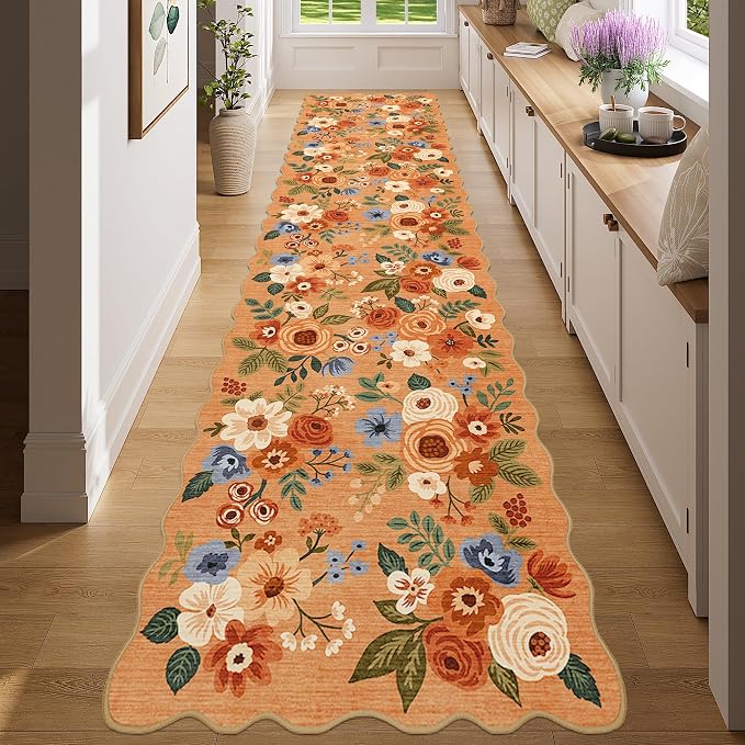 DUKINO 2x8 Washable Runner Rug, Lightweight Soft Floral Hallway Rug Runner with Low Pile Design, Non Shedding & Non Slip Backing Thin Indoor Carpet for Bedroom, Bathroom, Entrance, Kitchen, Orange
