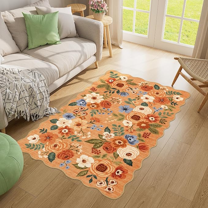 DUKINO 3x5 Area Rug, Floral Non-Slip Indoor Washable Rug with Low Pile & Non-Shedding, Lightwight Boho Design Carpet for Entryway, Bedroom, Kids Room, Living Room, Kitchen, Orange