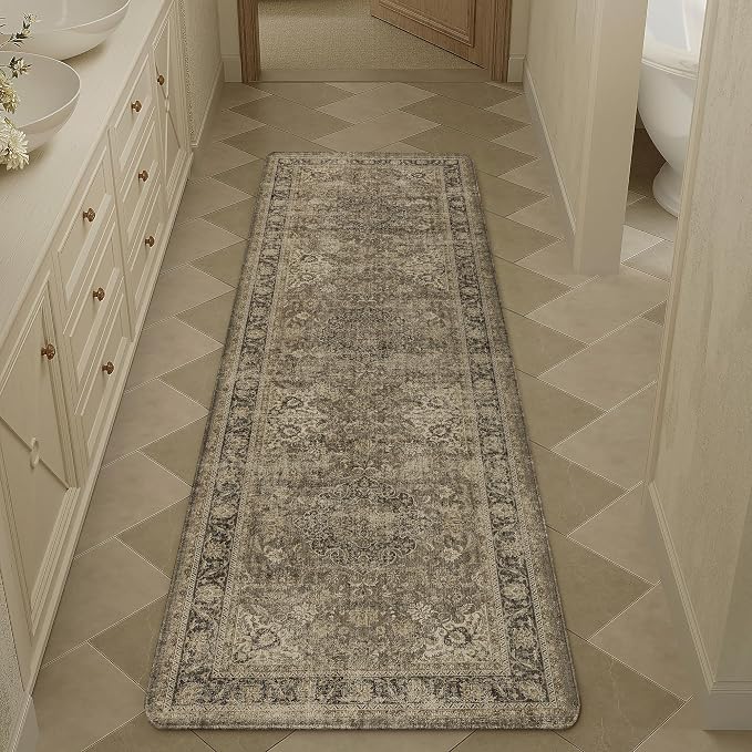 Vintage Kitchen Mats for Floor Anti Fatigue Waterproof Kitchen Rugs Sets of 2 Brown Cushioned Non-Slip Kitchen Mats Comfort Standing Mat for Sink Laundry Office 17.3"×59"+17.3"×30"