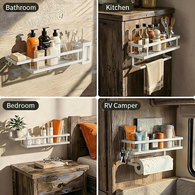 PUSDON 5-in-1 Shower Caddy & Kitchen Organizer Set, Wall Mount Wide Spice Rack with Paper Towel Holder, Utensil Holder, Soap Dish, Rustproof Mesh Baskets Hold 50LBS - Silver Gray, Guardrail
