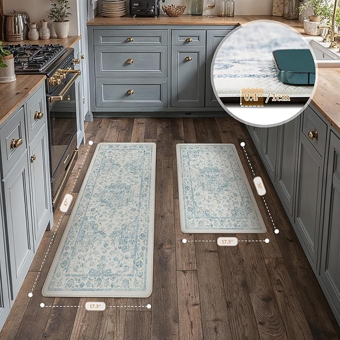 Anti Fatigue Kitchen Mats 2PCS Blue Neutral Mats for Cushioned Vintage Kitchen Matss for Floor Non-Slip Waterproof Comfort Standing Rug for Sink Laundry Office 17.3"×47"+17.3"×30"