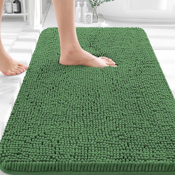 OLANLY Bathroom Rugs 30x18, Extra Soft Absorbent Chenille Bath Rugs, Rubber Backing Quick Dry, Machine Washable Bath Mats for Bathroom Floor, Tub and Shower, Home Decor Accessories, Olive Green