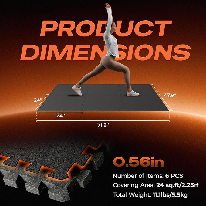 SUPERJARE 0.56'' Thick 6 Pcs 24 Sq Ft Rubber Top Exercise Equipment Mats, High Density EVA Foam Mats with Rubber Top, Interlocking Gym Flooring for Home Gym, Protective Workout Mat, Black