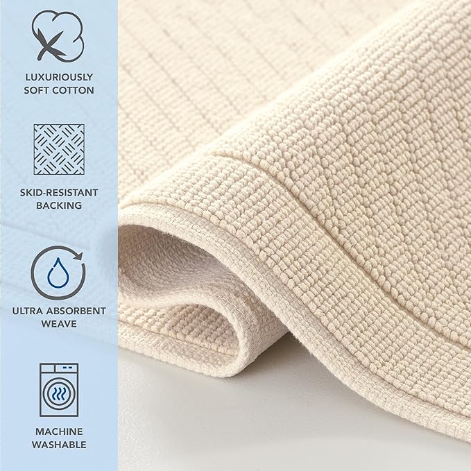 Arkwright 100% Cotton Bathroom Rug - High Absorbent Stylish Textured Woven Design Bath Mat, Slip Resistant Backing for Shower and Bathtub Floor, 24x36 in - Beige