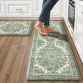 Boho Kitchen Mats for Floor 2 Piece Set Anti Fatigue Cushioned PVC Kitchen Rugs Non Slip Waterproof Farmhouse Mats 2/5 Inch Comfort Standing Mat for Sink, Laundry, 17.3"x59"+17.3"x28", Spring Green