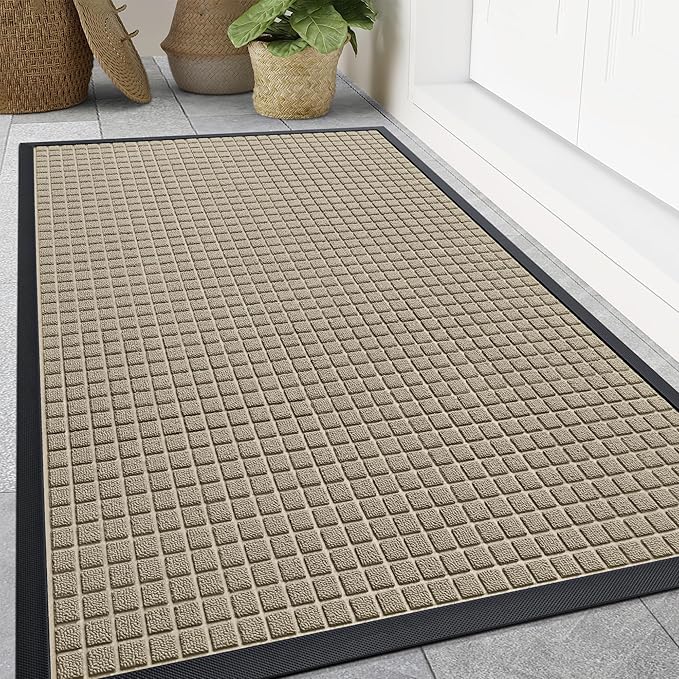 Smiry Front Door Mat Outside Entrance, Heavy Duty Natural Rubber Doormat, Non Slip, Trap Dirt and Moisture, Easy Clean, Low Profile Welcome Floor Mats for Indoor Outdoor Entry, 59x34 Inch, Beige