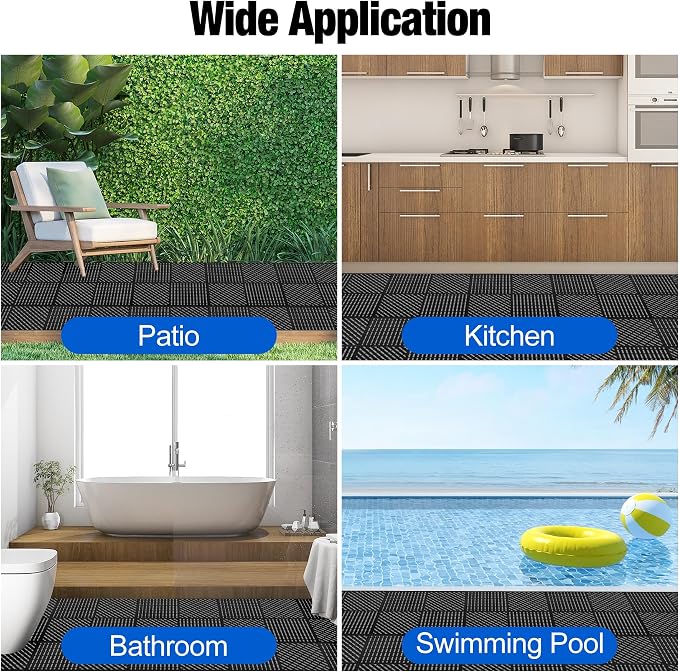 ToLanbbt Modular Interlocking Cushion 12P 11.8" x 11.8" Interlocking Rubber Floor Drain Holes Non-Slip Splicing Drainage Mats for Deck, Shower, Kitchen, Drain Pool, Sauna Bath (Black, 2 Rows Dots)