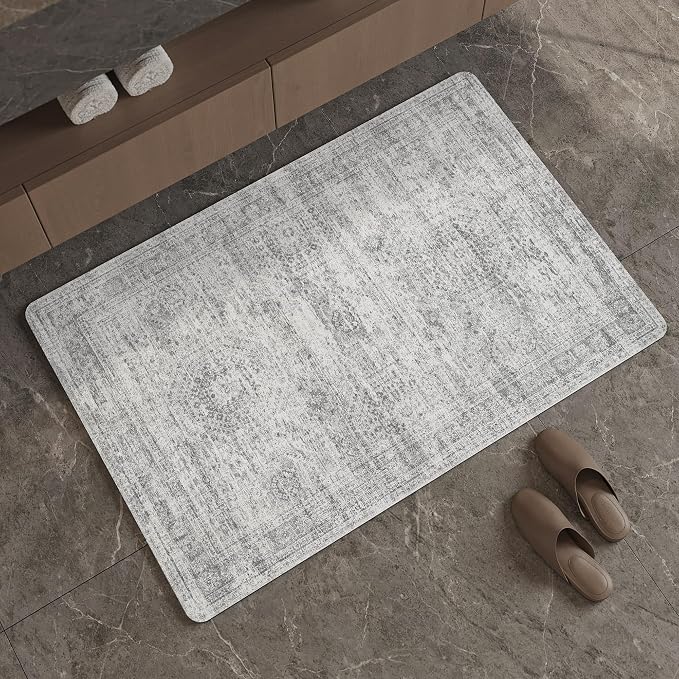 Mecko Bath Mat, Ultra Absorbent Quick Dry Bathroom Floor Mats-Rubber Non-Slip Thin Bathroom Rug Fit Under Door, Faux Suede Surface Shower Rug for Bathtub, Sink, Shower Room(Grey/Cream,20"x32")