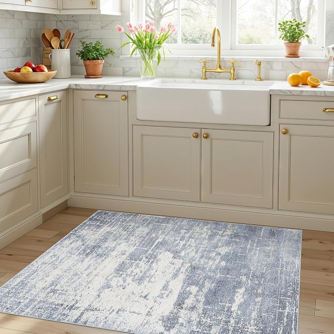 Washable 3x4 Kitchen Area Rugs: Abstract Stain-Resistant Sink Rug Non-Slip Durable Doormat Soft Bedroom Nursery Besides Carpets Indoor Water-Resistant Bathroom Floor Mat for Family(3x4,Blue/Ivory)
