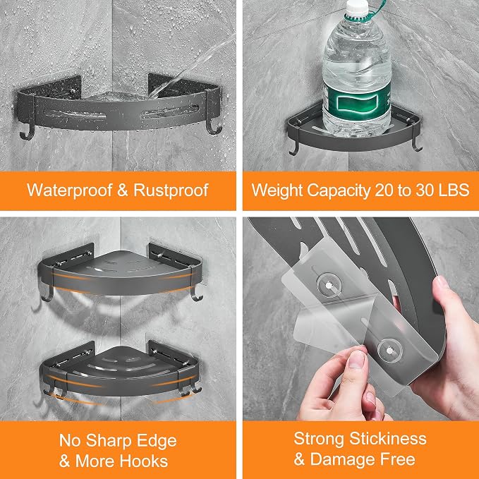 DUFU Adhesive Corner Shower Caddy with Hooks,Bathroom Shower Organizer, No Drilling Rust Proof Aluminum Shower Shelf for Inside Shower 2 Pack (Grey)
