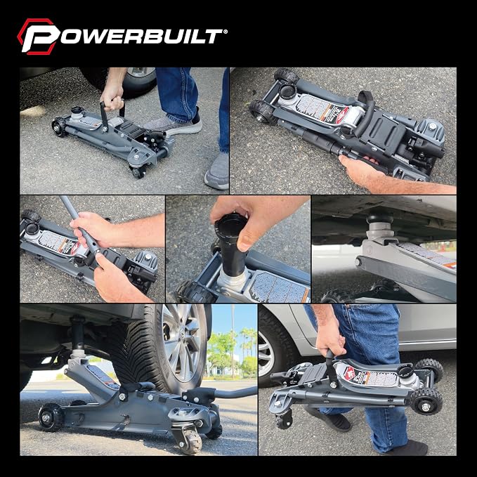 Powerbuilt Biggie Smalls 2.5-Ton Off-Road Trolley Jack with 4" Oversized Wheels, Saddle Extension, Integrated Handle Storage, Portable Design for SUVs, Trucks, and Off-Road Vehicles 620683ECE