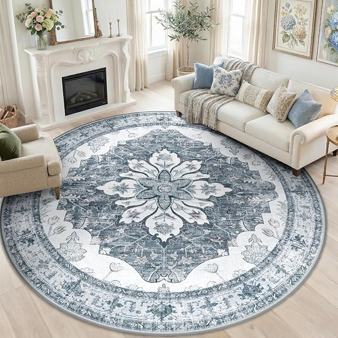 RELEANY Area Rugs Round 10ft Washable Non-Slip, Floral Vintage Distress Medallion Carpet for Living Room Bedroom Dining Room, Light Gray Grey White