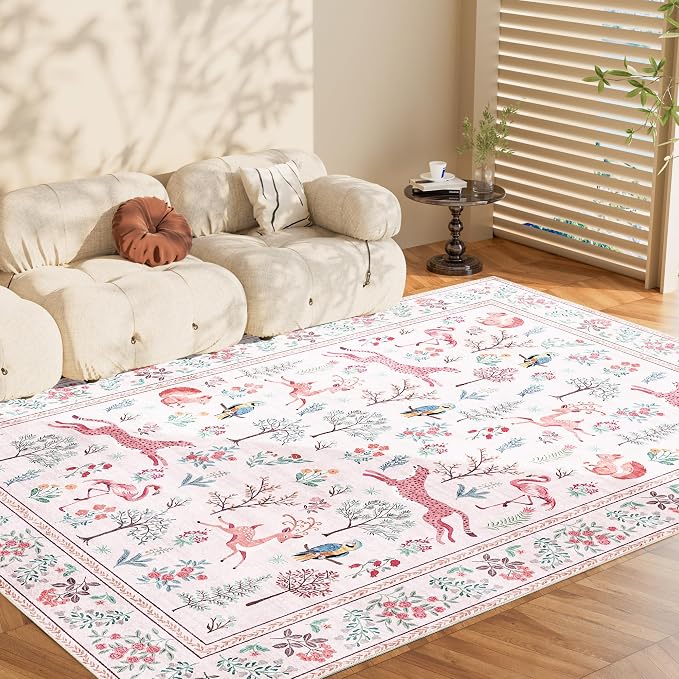 DUKINO 6x9 Rug, Washable Animal Living Room Rug with Non Slip Vintage Design, Soft Low Pile Large Carpet for Bedroom, Nursery, Dining Room, Farmhouse, Playroom, Pink