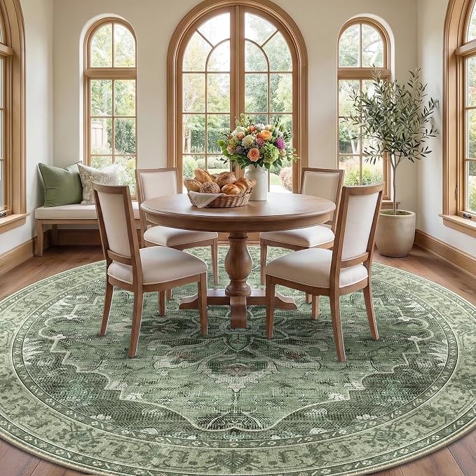 RELEANY Area Rugs Round 8ft Washable Non-Slip, Floral Vintage Distress Medallion Carpet for Living Room Bedroom Dining Room, Dark Green Gray