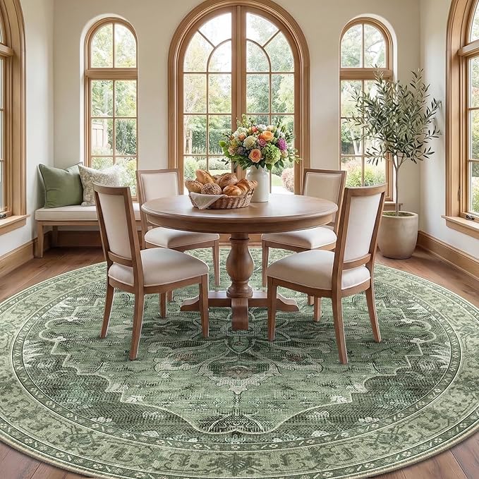 RELEANY Area Rugs Round 10ft Washable Non-Slip, Floral Vintage Distress Medallion Carpet for Living Room Bedroom Dining Room, Dark Green Gray