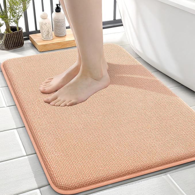 OLANLY Thick Memory Foam Small Bathroom Rugs 24x16, Extra Soft Absorbent Bathroom Mat, Quick Dry Bath Mat, Non-Slip, Machine Washable Carpet for Bathroom, Tub and Shower, Home Decor Accessories, Peach