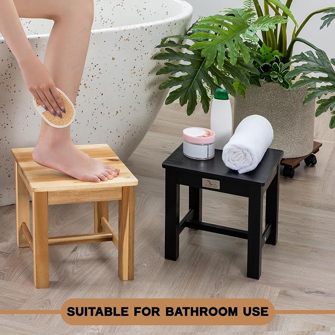 VICTORY RELAX 12 Inch Wooden Light Natural Step Stool, Small Nature Beach Chair Under Desk, Indoor Acacia Wood Short Footstool for Living Room, Kitchen, Bathroom