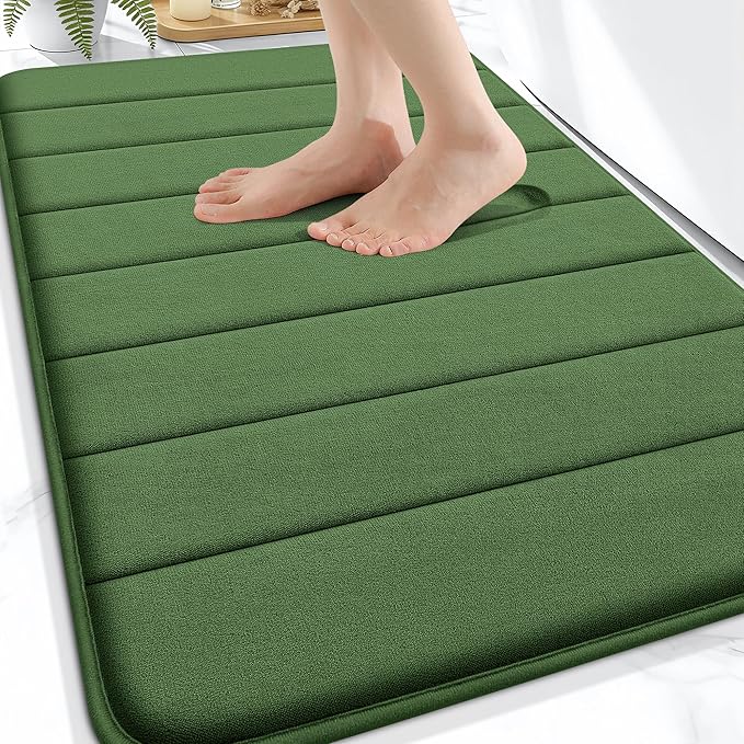 OLANLY Memory Foam Bath Mat 34x21, Super Soft Absorbent Bathroom Rugs, Quick Dry, Machine Washable Shower Floor Rugs, Bathmat Carpet, Bathroom Home Decor Accessories, Olive Green