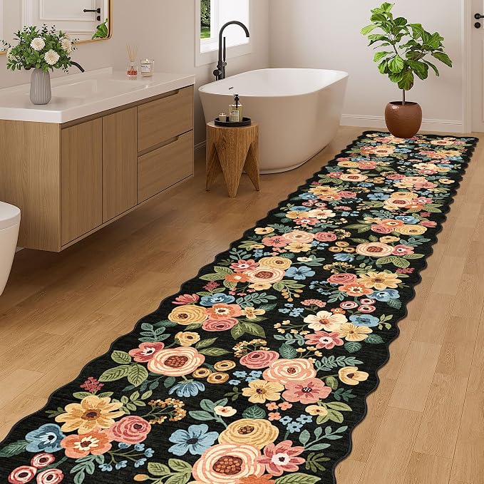 DUKINO 2.6x12 Runner Rug for Hallway, Non Slip Floral Washable Kitchen Rug with Low Pile Design, Boho Stain Resistant Floor Carpet Runner for Entryway, Bathroom, Laundry, Bedroom, Black