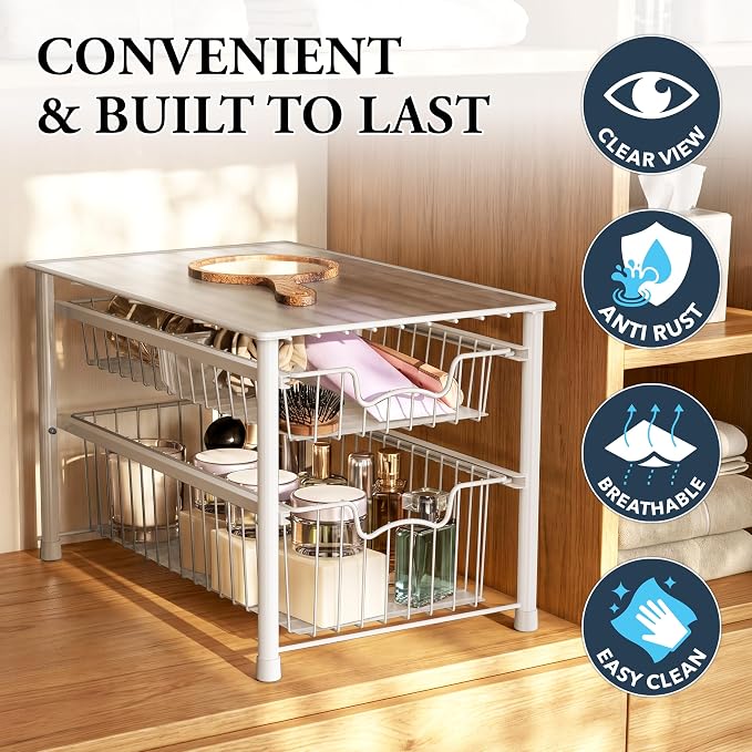 Simple Houseware Stackable Sliding Basket Organizer Drawer, White, 2-Tier