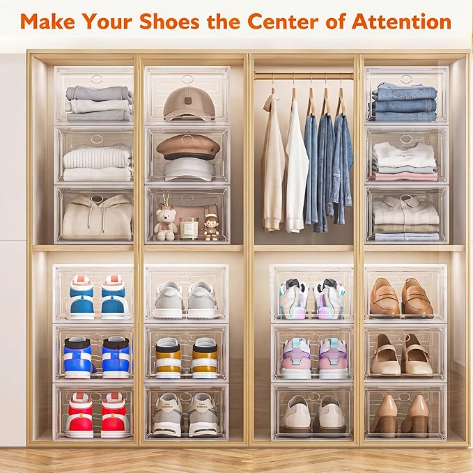 7 code Shoe Organizer, Clear Thickened Stackable Shoe Boxes with Magnetic Door, Collapsible Closet Storage Rack for Sneakers & Boots, 6 Pack White, Virgin Material, Not Recycled Plastic for Household
