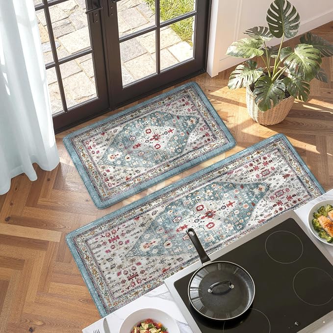Collive Boho Kitchen Rugs and Mats 2PCS Cushioned Anti-Fatigue Floor Mat, Waterproof Kitchen Rug Set of 2 Non-Skid Comfort Standing Mat for Kitchen,Home,Office,Sink,Laundry,17.3"x29"+17.3"x47"