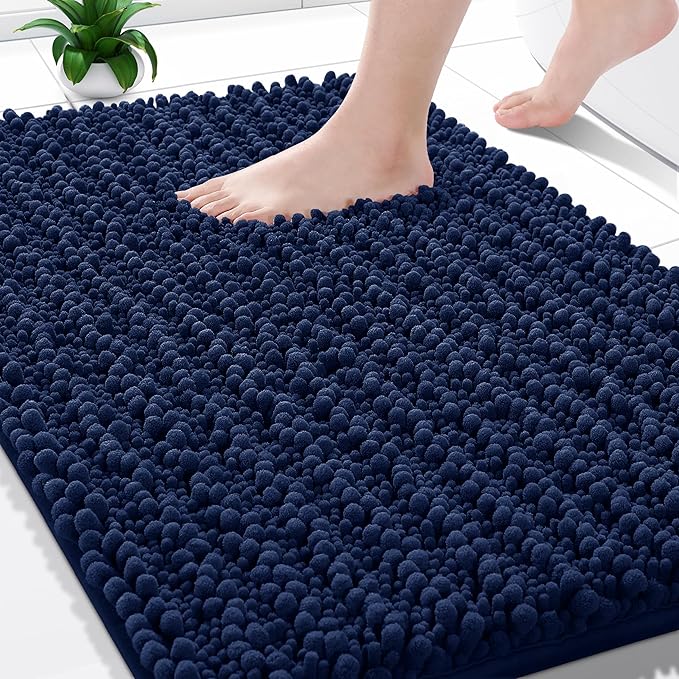 Yimobra Bathroom Rugs Non Slip Washable - Ultra Soft Absorbent Chenille Bath Mat, Quick Dry Shaggy Floor Carpet for Tub Shower, Navy Blue Home Decor Accessories, 24x17 Inch