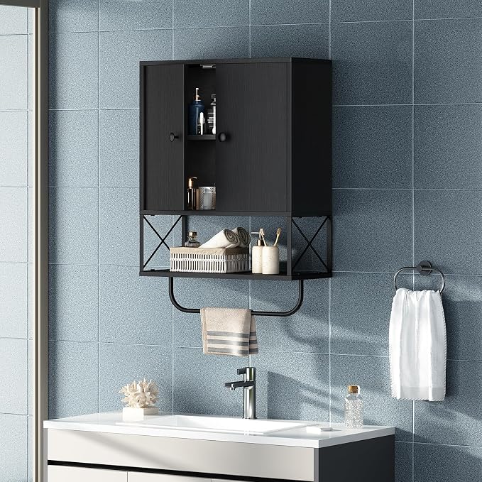MAHANCRIS Bathroom Wall Cabinet with 2 Door and Adjustable Shelf, Farmhouse Medicine Cabinet with Towel Rack, 3-Tier Wall Mounted Storage Cabinet Over The Toilet for Bathroom, 18.9" L, Black