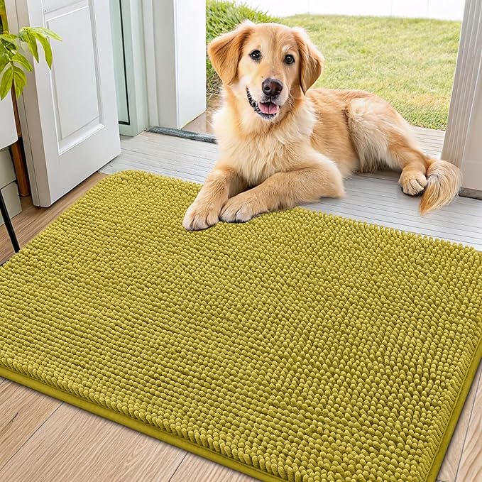Smiry Dog Door Mat for Muddy Paws 36x24, Absorbent Dirt Trapper, Non-Slip Washable Chenille Entryway Rug for Inside Floor, Mustard Yellow, Classic Solid
