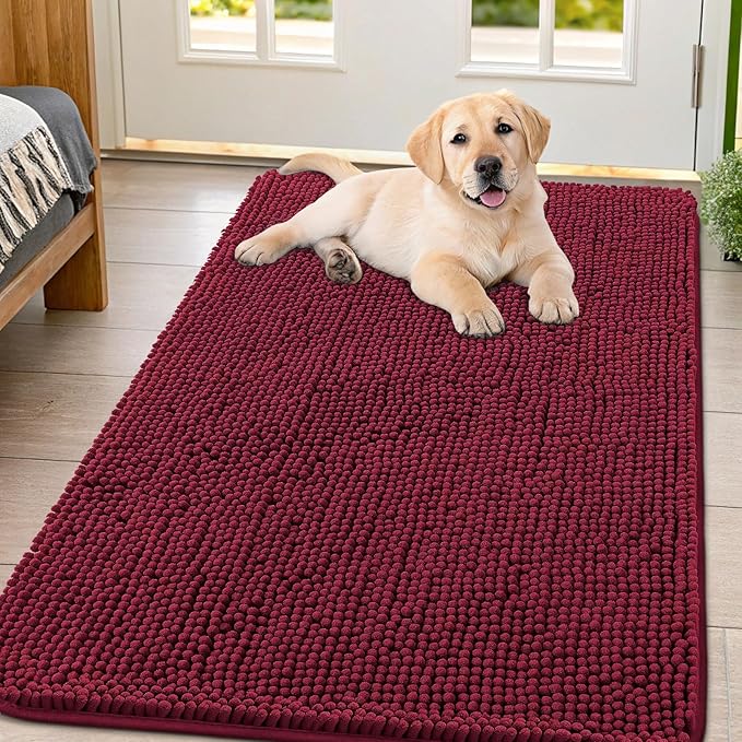 Smiry Dog Door Mat for Muddy Paws 47x32, Absorbent Dirt Trapper, Non-Slip Washable Chenille Entryway Rug for Inside Floor, Burgundy, Classic Solid