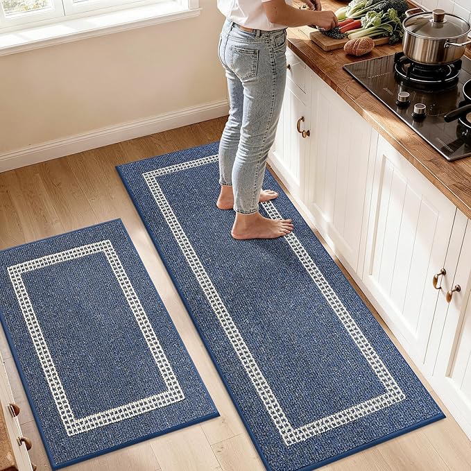 COSY HOMEER Kitchen Rugs Sets 2PCS,Non-Slip Washable Kitchen Mats for Floor,Absorbent and Stain Resistant Kitchen Runner Rugs for Kitchen Sink Laundry Entryway,24"x35"+24"x60",Blue