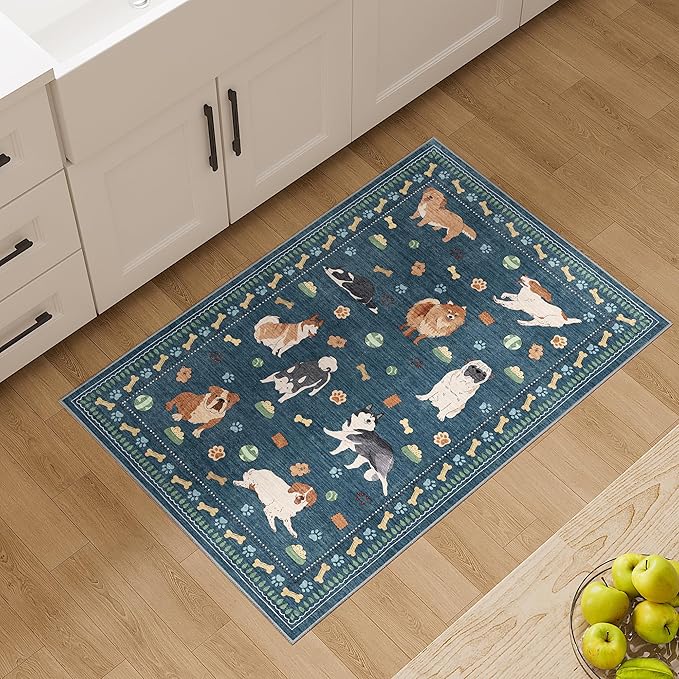 DUKINO 2x3 Entryway Rug, Washable Small Door Mat Indoor Entance Lightweight Area Rug with Non Slip, Low Pile & Non Shedding Animal Dog Throw Carpet for Kitchen, Bathroom, Bedroom, Kids Room, Blue