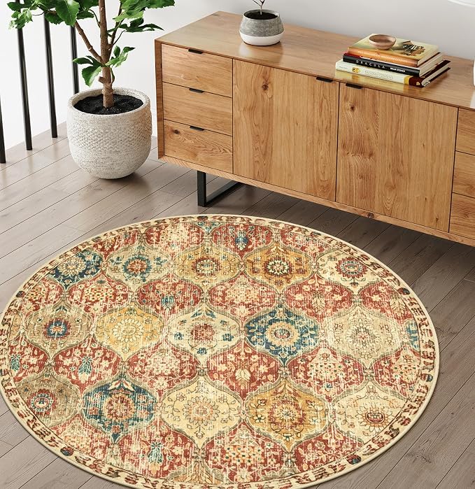 Lahome Moroccan Trellis Washable Round Rugs, Non-Slip Soft Round Rug 4ft Ultra-Thin, Small Vintage Circle Carpet for Entryway Kitchen Bedroom Nursery Bathroom Elise, Red/Orange