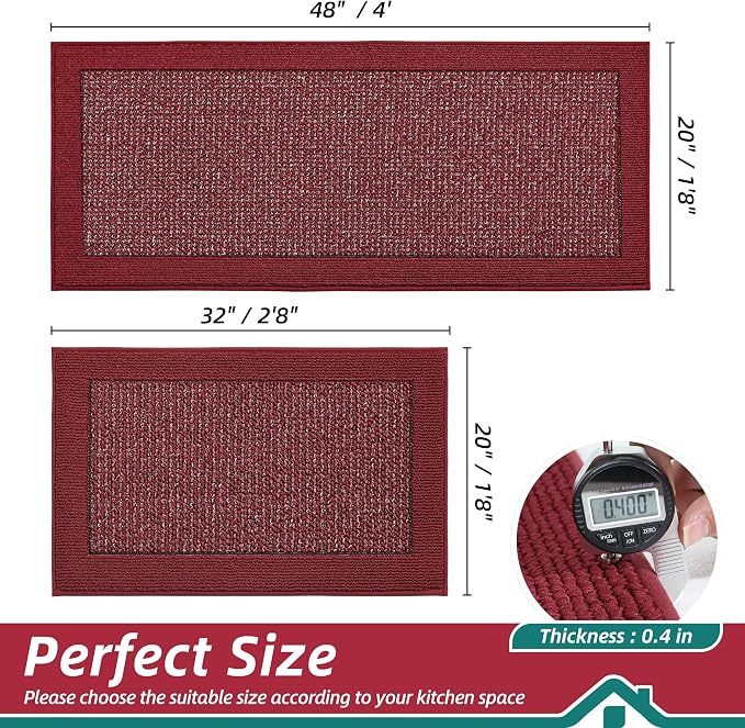 BEQHAUSE Kitchen Rugs and Mats Set of 2 Non-Slip Kitchen Mats for Floor, Absorbent and Stain Resistant Kitchen Runner, Machine Washable Rugs for Kitchen, Laundry & Sink, 20"x32"+20"x48", Red