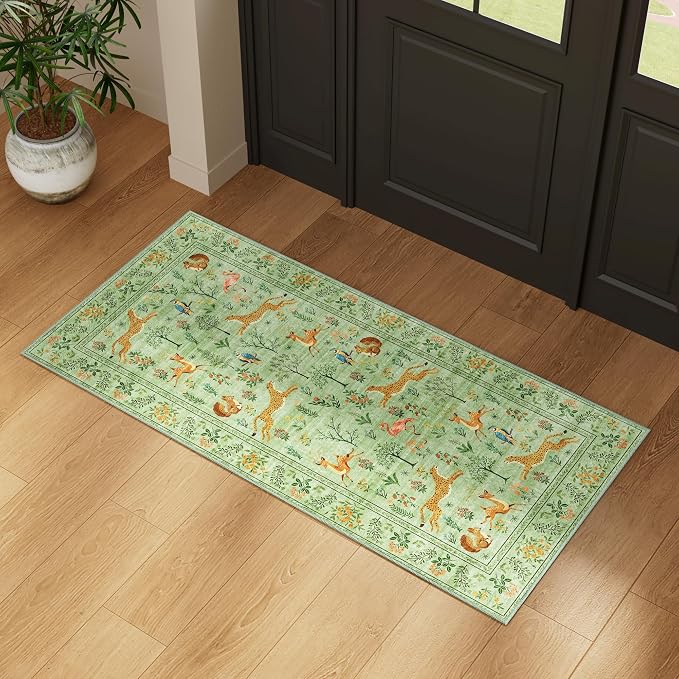 DUKINO 2x4 Rug for Hallway, Washable Kitchen Runner Rug with Non Slip Backing, Soft Low Pile Vintage Animal Runner for Bedroom, Kitchen, Hallway, Entryway, Laundry, Light Green