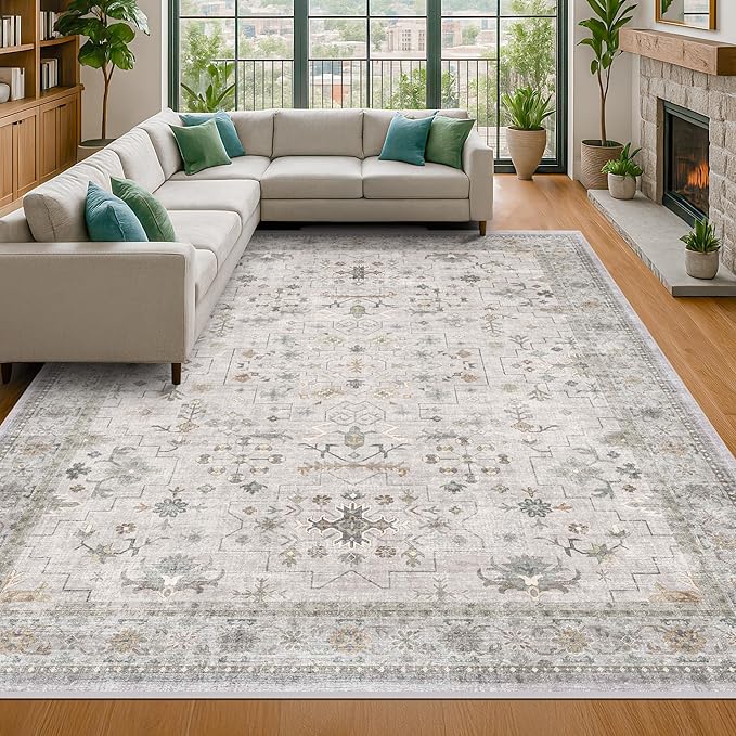 Hazo Haus Light Gray 8x12 Large Area Rugs for Living Room - Oriental Rug for Bedroom Under Bed, Dining Room Under Kitchen Table, Washable Soft Non Slip Unique Indoor Décor